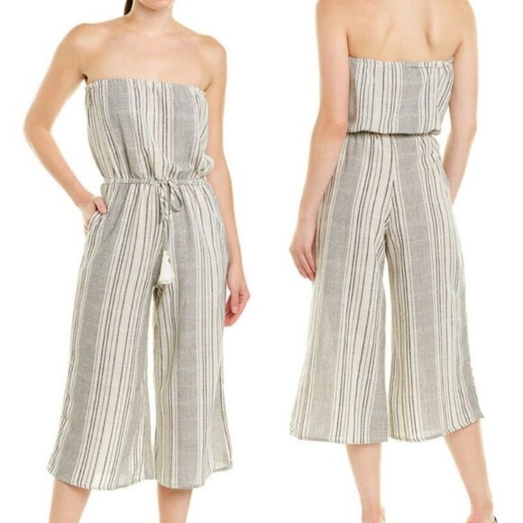 Elan Off White Linen Cotton Blend Strapless Cover-Up Black Tassel Jumpsuit Small - Picture 1 of 13